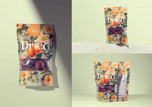 Dried apricots paper pouch mockup featuring colorful flowers and fruit illustrations, displayed in multiple perspectives.