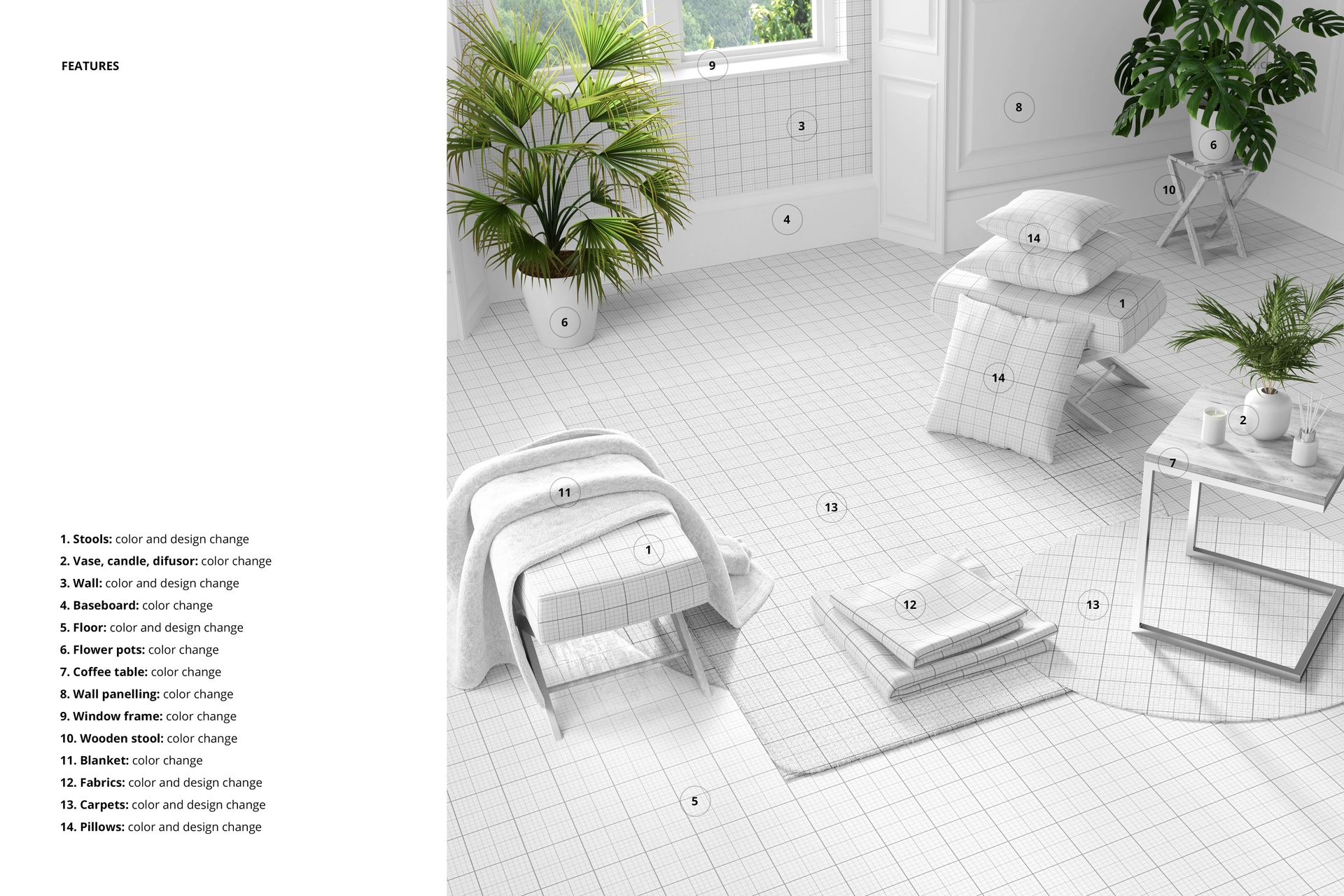 Home textiles mockup featuring pillows, blanket, and decor on a light grid-patterned floor near a window and plants.