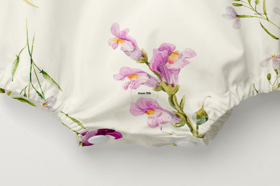 Close-up front view of a baby romper mockup with a white background and pink floral watercolor pattern.