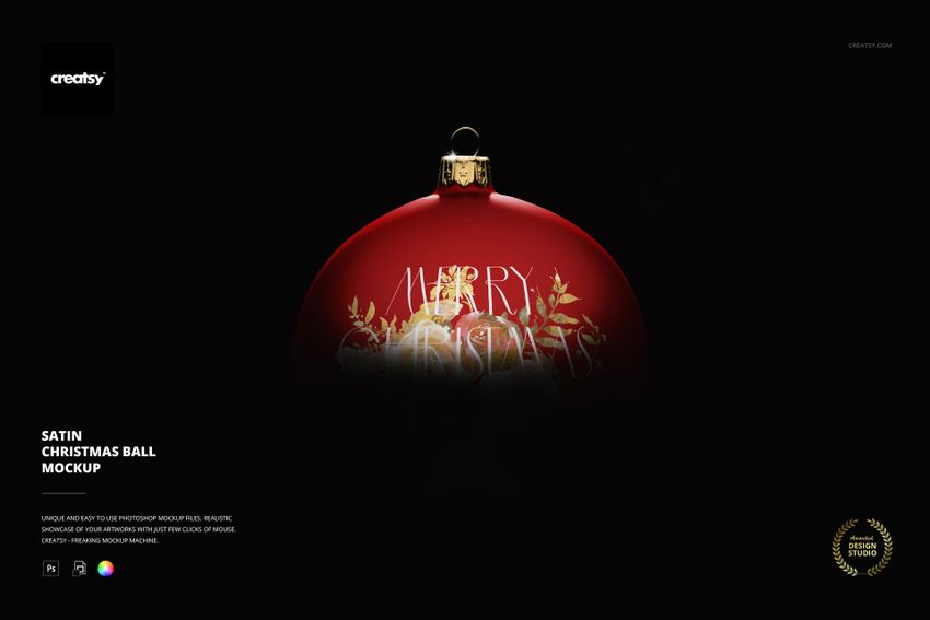 Close-up of a red satin Christmas ball mockup with gold top and decorative holiday text and botanical accents.