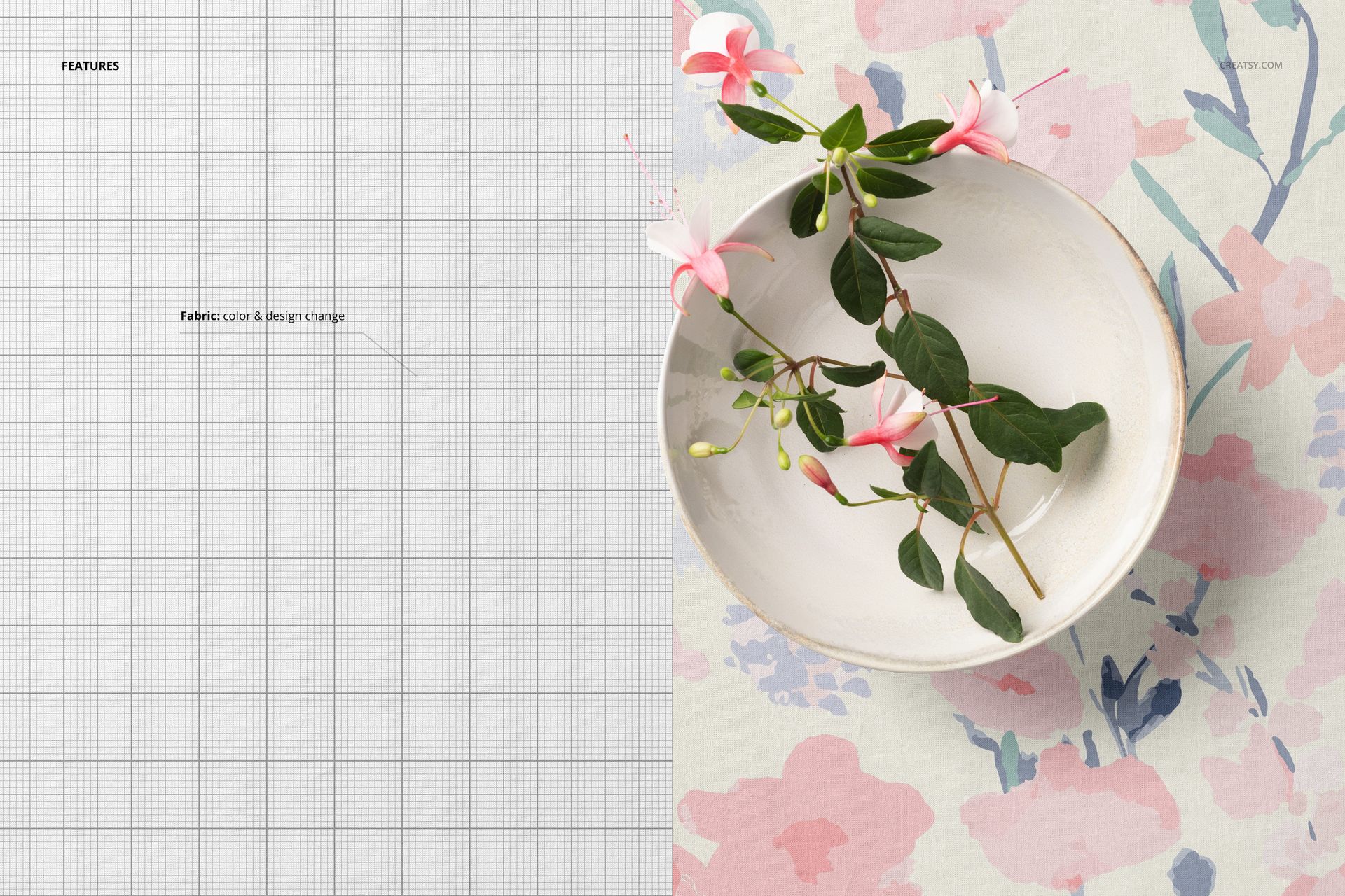 Top view of cotton fabric mockup with a soft floral pattern, featuring a white bowl with pink flowers on the right.