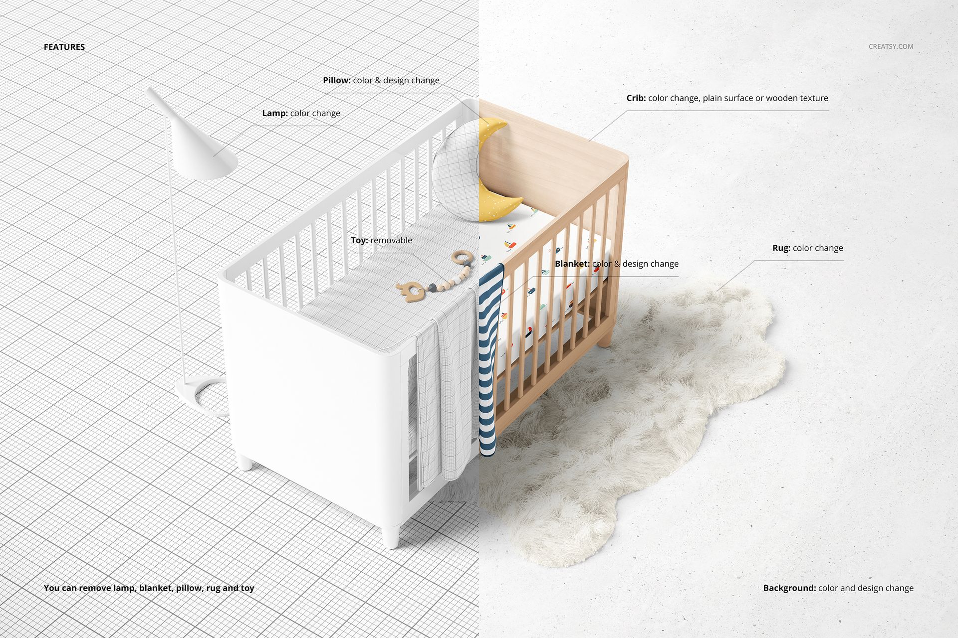 Fitted crib sheet mockup set showing a crib with a striped sheet, pillow, lamp, and rug in a split scene view.