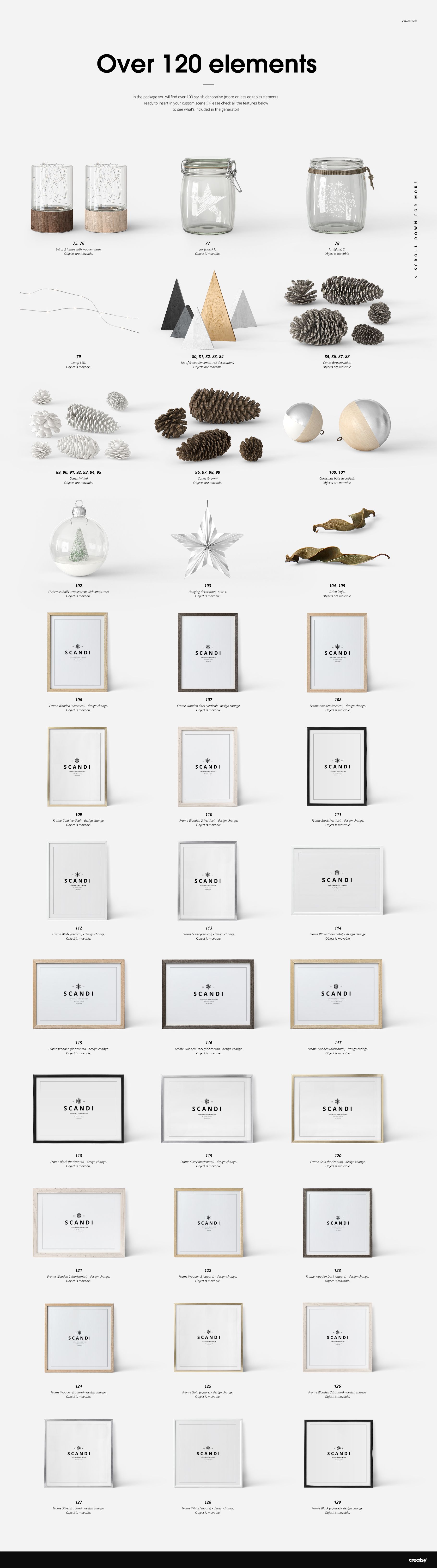 Assorted Christmas-themed objects including jars, pinecones, trees, ornaments, and framed mockups arranged on a white background.