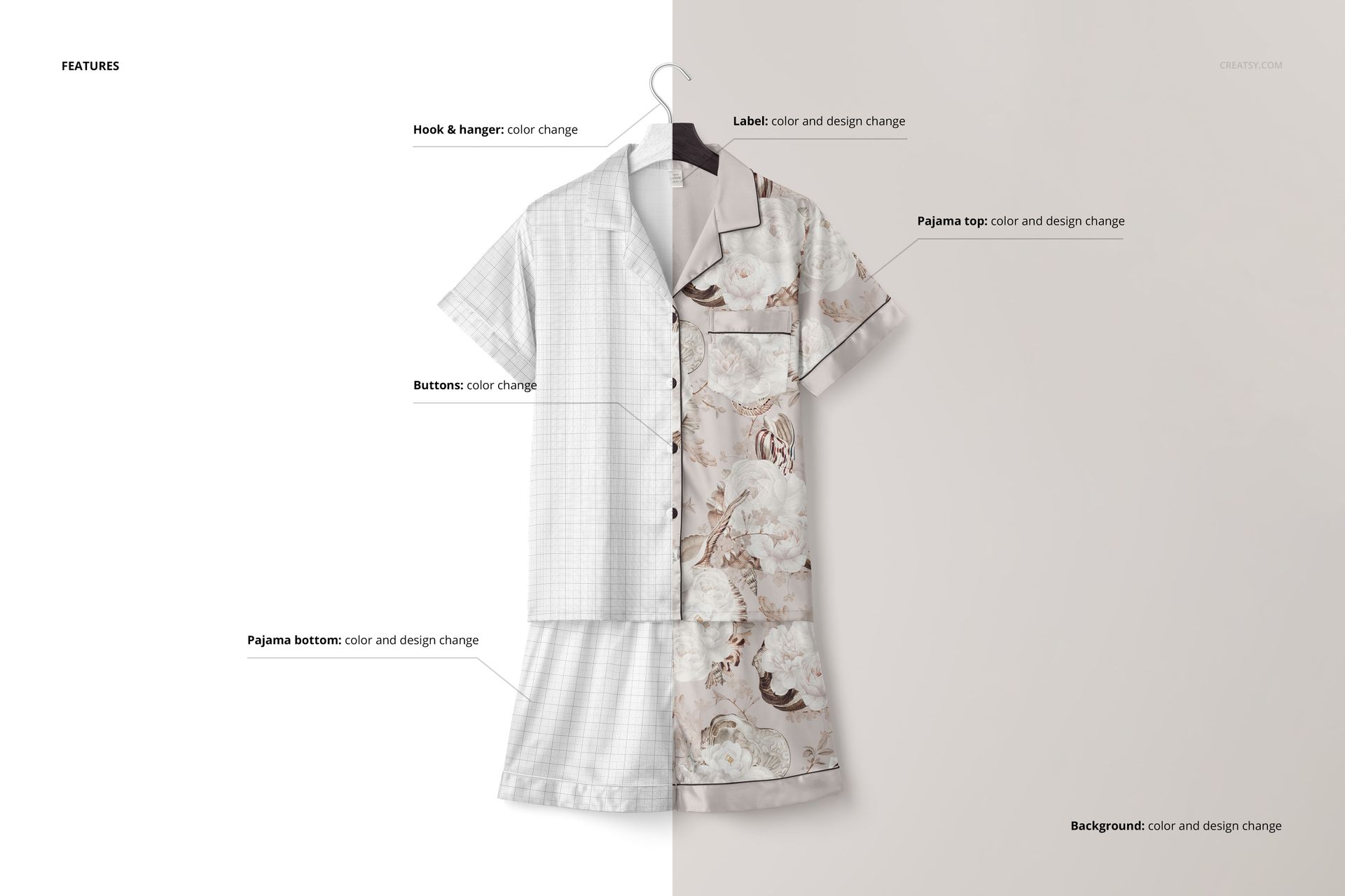 Short-sleeve silk pyjama set mockup displayed on a split background, showing design and color variations.