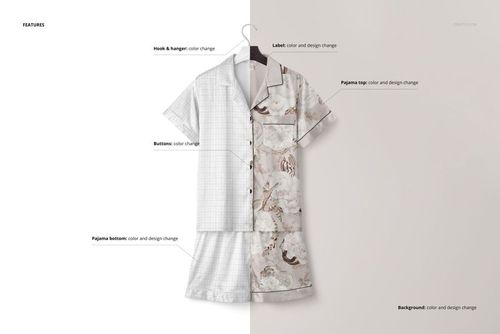 Short-sleeve silk pyjama set mockup displayed on a split background, showing design and color variations.