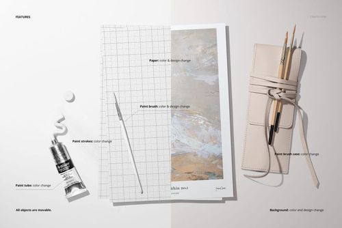 Art paper mockup displayed with paint tube, metal brush, and beige brush case arranged on a light background.