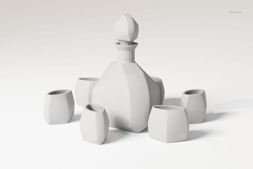 Retro-style liquor set featuring a geometric decanter with stopper and six matching cups, displayed on a plain surface.