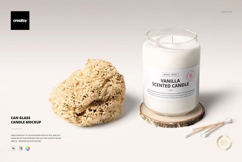 Glass candle mockup featuring a vanilla scented label, displayed with a beige sponge and cotton swabs on a light surface.