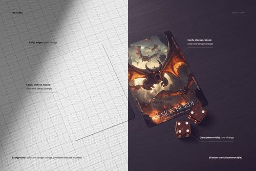 Front view of a trading card mockup with a fantasy dragon illustration, placed next to two brown dice on a dark surface.