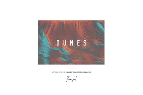 Front view of a vinyl record cover mockup featuring multi-color abstract segments in orange and teal with 'DUNES' text.