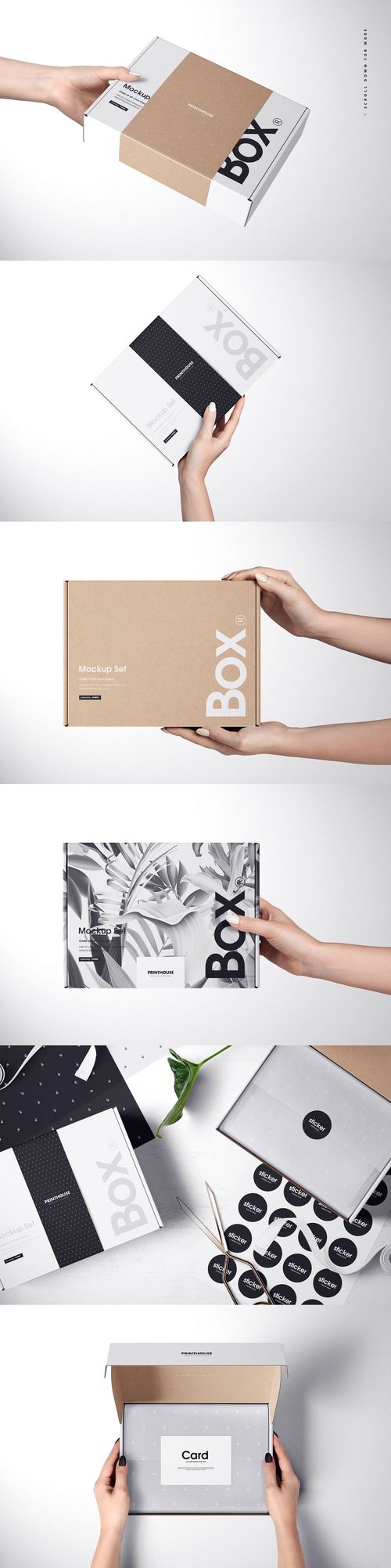 Rectangular mailing box mockup bundle shown in various scenes, featuring kraft and white boxes with minimal designs.