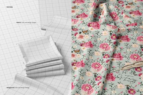 Folded fabric mockup shown from a top view, featuring stacked textiles with grid lines and floral patterned cloth.