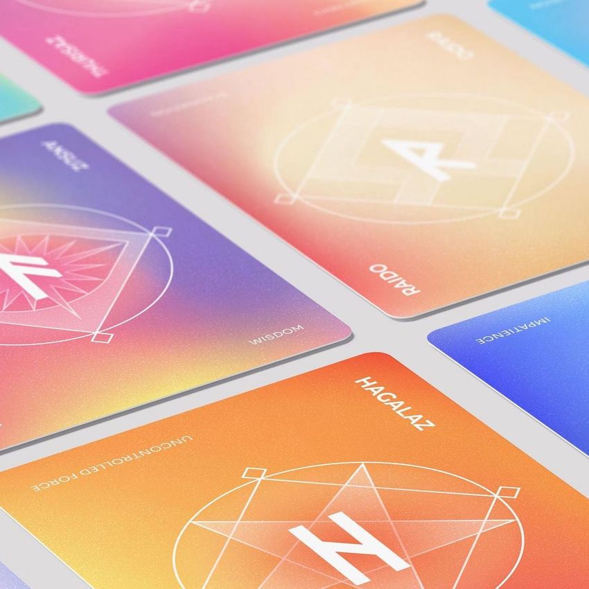 Playing cards mockup with geometric patterns and gradient backgrounds in pink, orange, and purple, arranged in a grid layout.