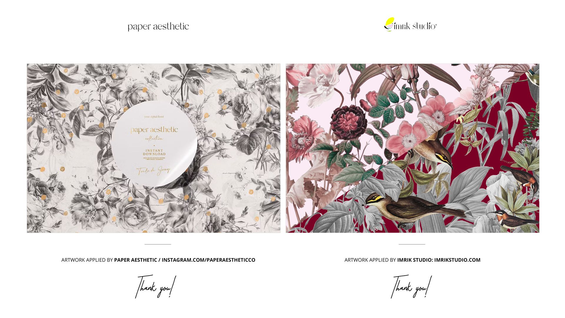 Front view of two Christmas wrapping paper rolls mockup, one with a neutral floral pattern and one with a vibrant botanical design.