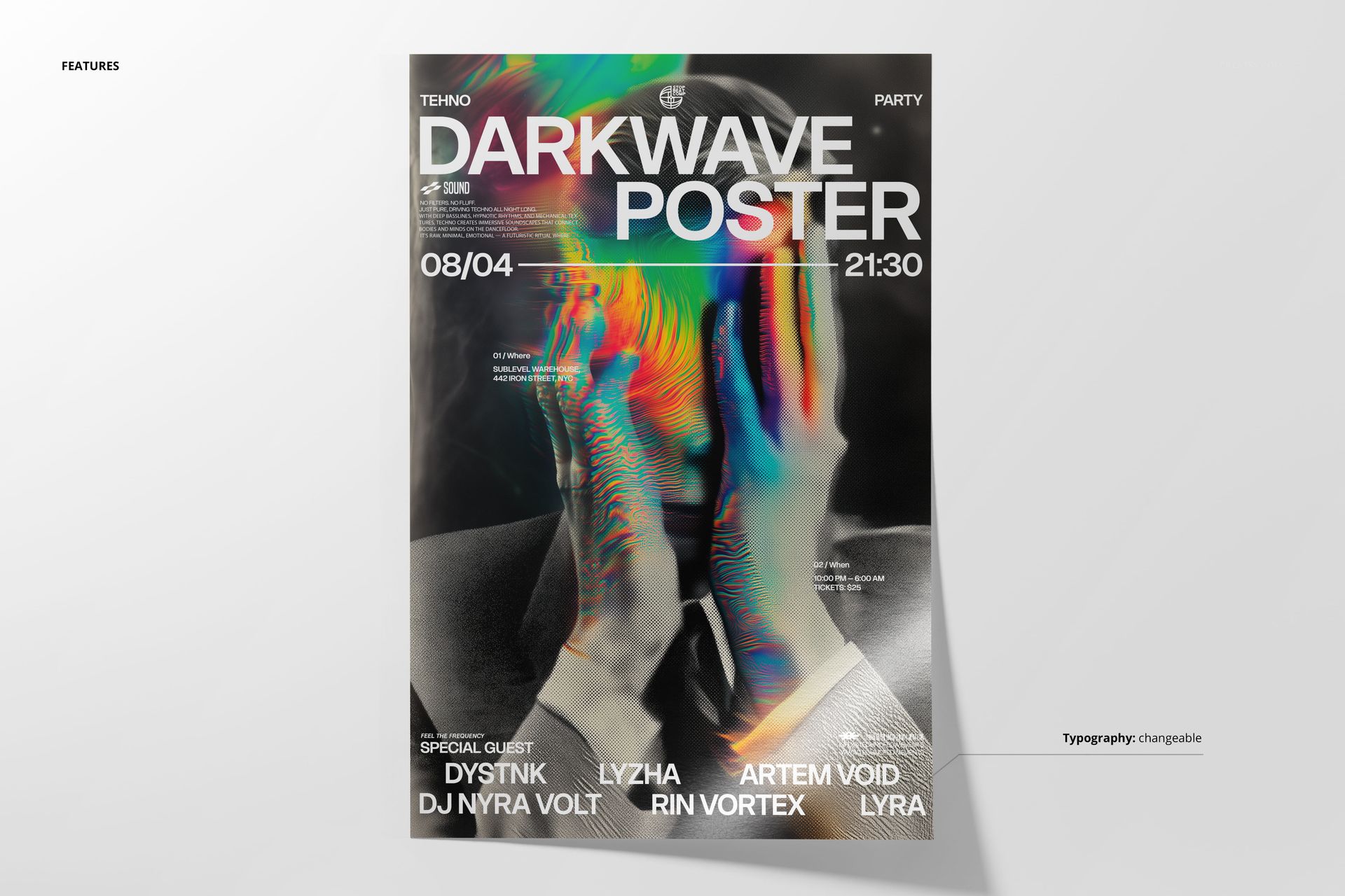 Front view of a poster mockup featuring a grayscale portrait with colorful distortion effects and bold text overlay.