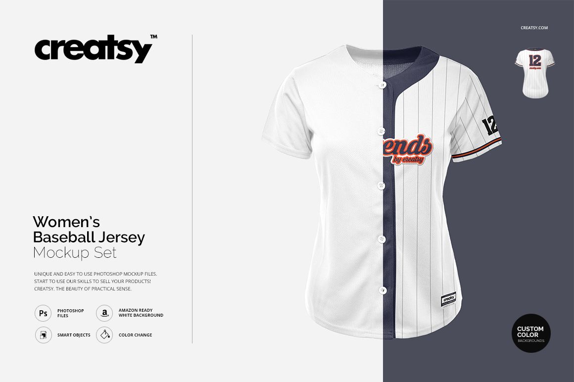 Front view of a women's baseball jersey mockup in white with dark buttons, vertical pinstripes, and embroidered text on chest.