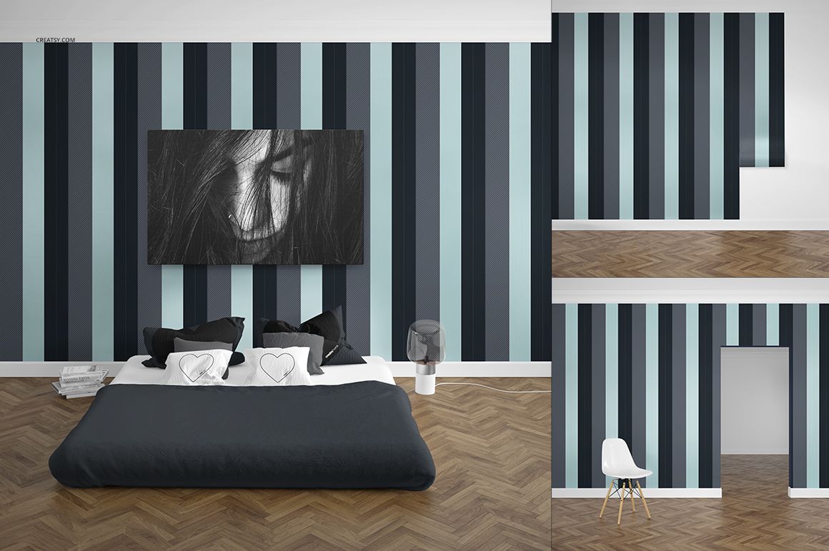 PSD mockup showing a modern interior with vertical striped wallpaper, wooden floor, and minimal furniture including a chair and lamp.