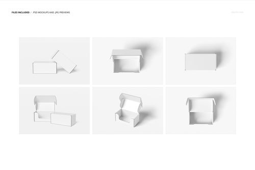 Set of six front tuck mailer box mockups in white, shown from various angles on a plain light background.