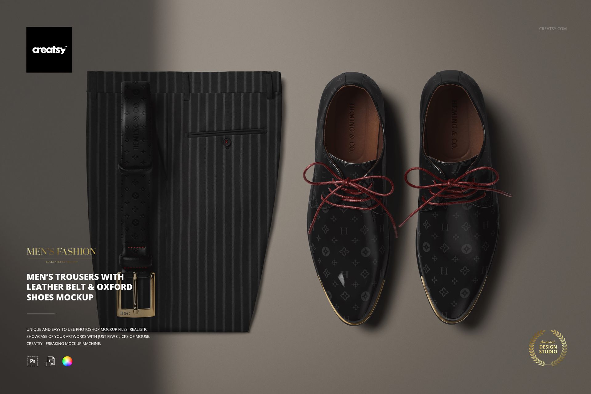 PSD mockup featuring men’s striped trousers, a black belt, and a pair of black oxford shoes arranged on a neutral background.
