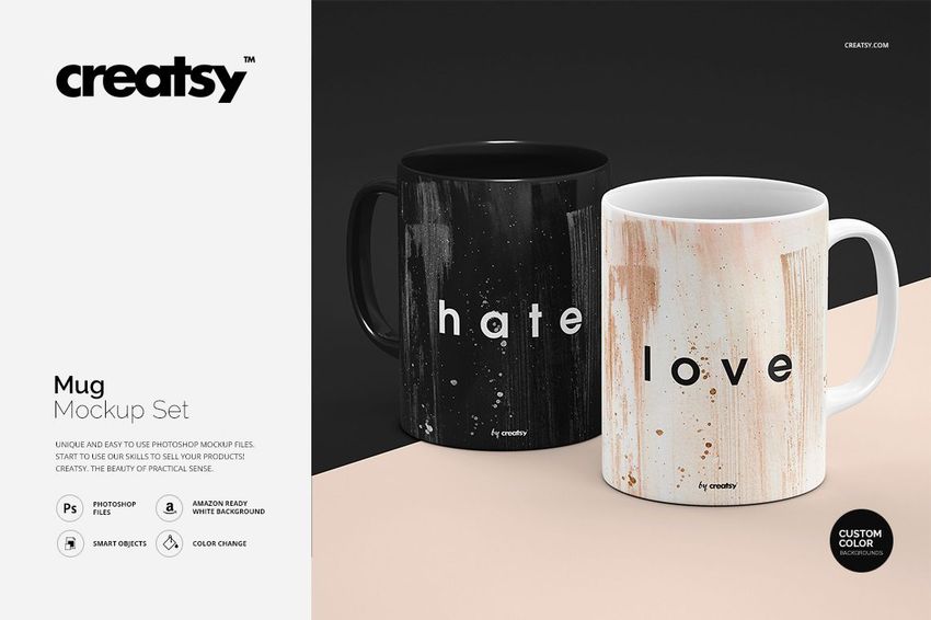 Front view of a mug mockup set featuring a black mug with speckled pattern and a white mug with abstract peach lines.