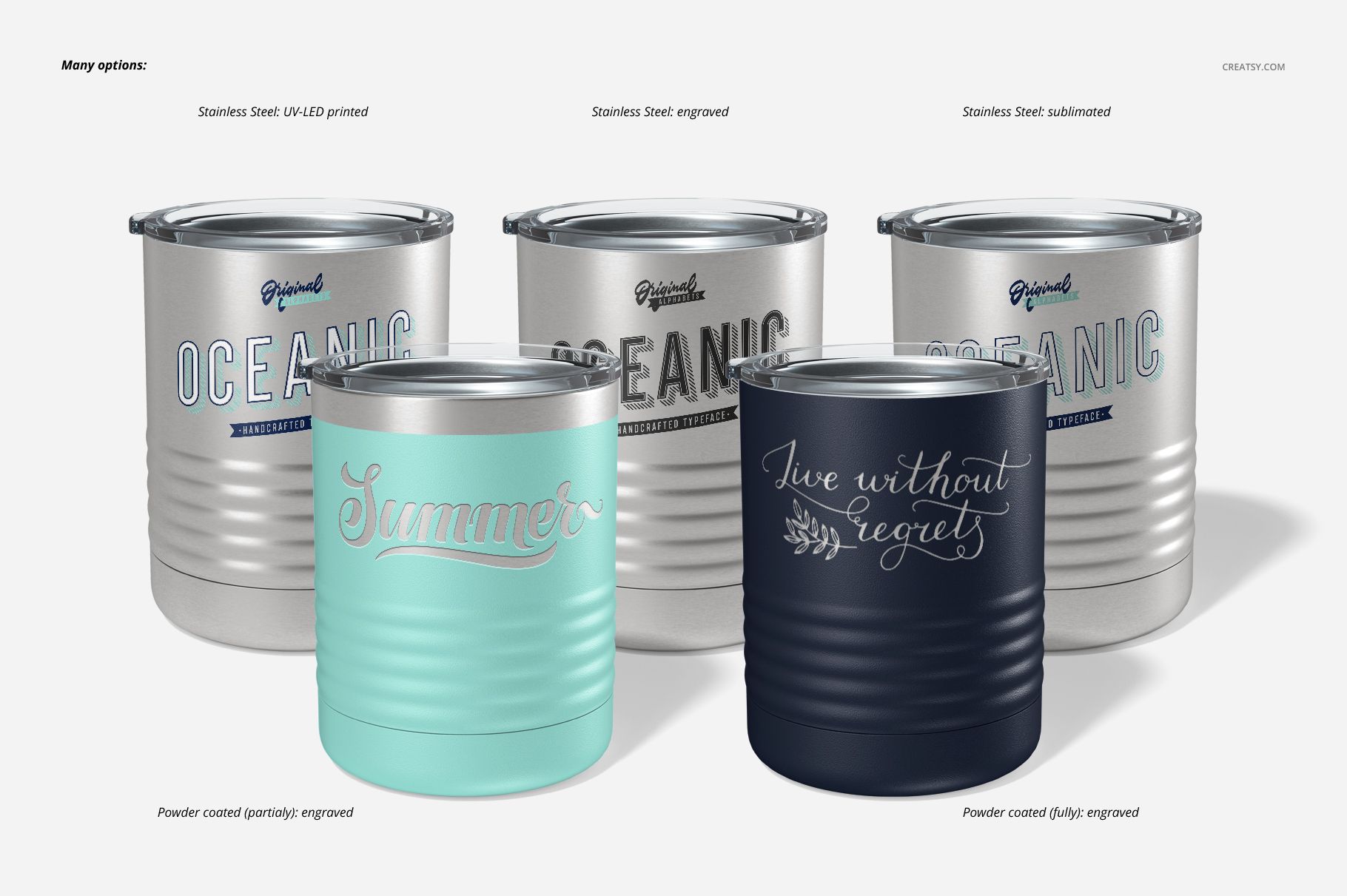 PSD mockup set showing three types of ringneck tumblers, including engraved and colored powder coated variations.