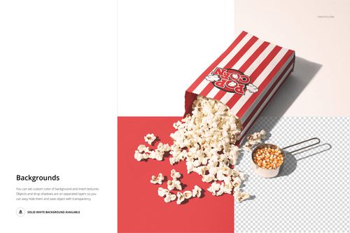 Popcorn paper bag mockup with striped pattern, popcorn kernels and popped corn on a split red and white background.