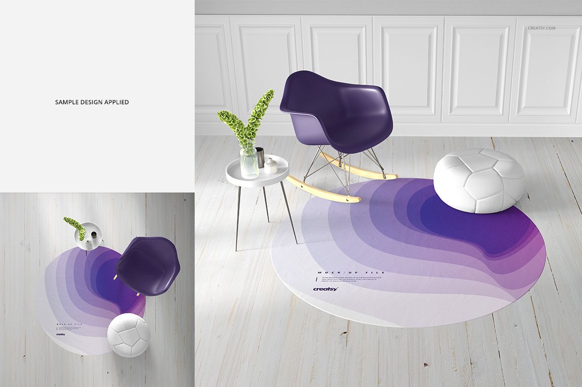 PSD mockup of a circular carpet featuring layered purple tones, placed on white wood floor with chair and soccer ball.