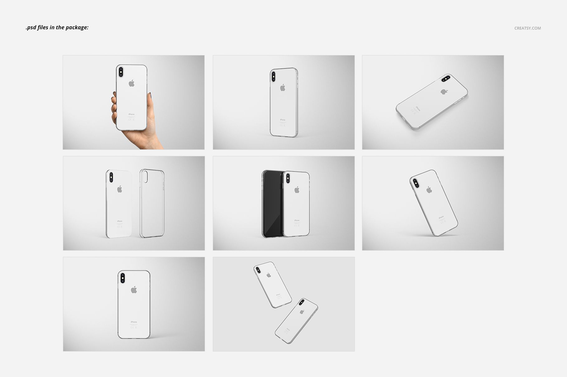 Clear case mockup for iPhone XS Max shown in various angles, including hand-held, flat lay, and standing views on plain backgrounds.