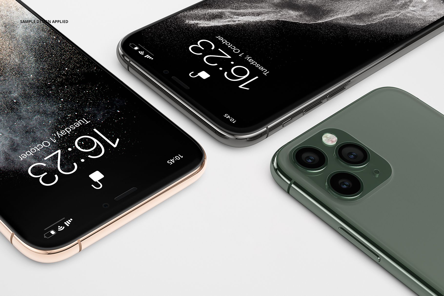 Close-up of iPhone 11 Pro mockup set with two front screens and one rear camera, featuring varied colors.