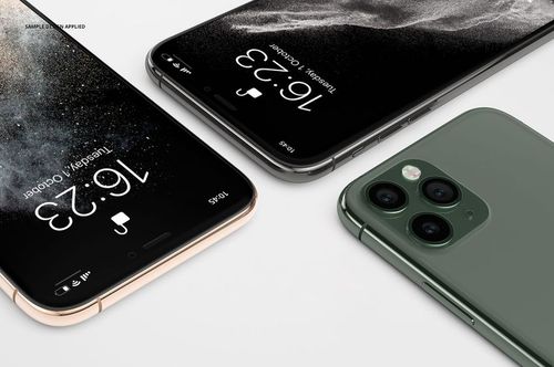 Close-up of iPhone 11 Pro mockup set with two front screens and one rear camera, featuring varied colors.