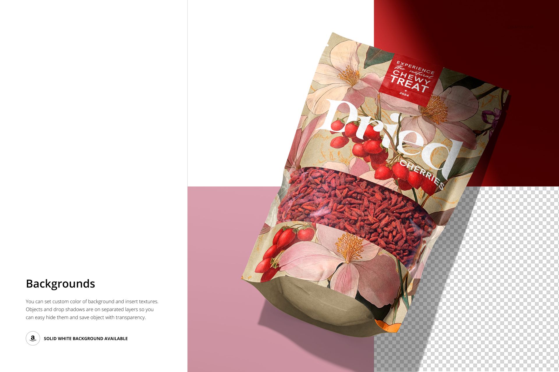 Standing paper pouch mockup with dried goji berries, floral design, and red accents, displayed on a geometric background.