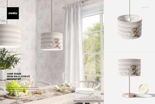 PSD mockup of a cylindrical lamp shade featuring soft stripes and botanical details, shown from front and side views.