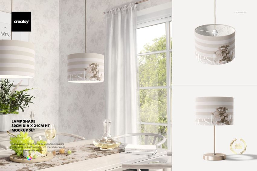 PSD mockup of a cylindrical lamp shade featuring soft stripes and botanical details, shown from front and side views.