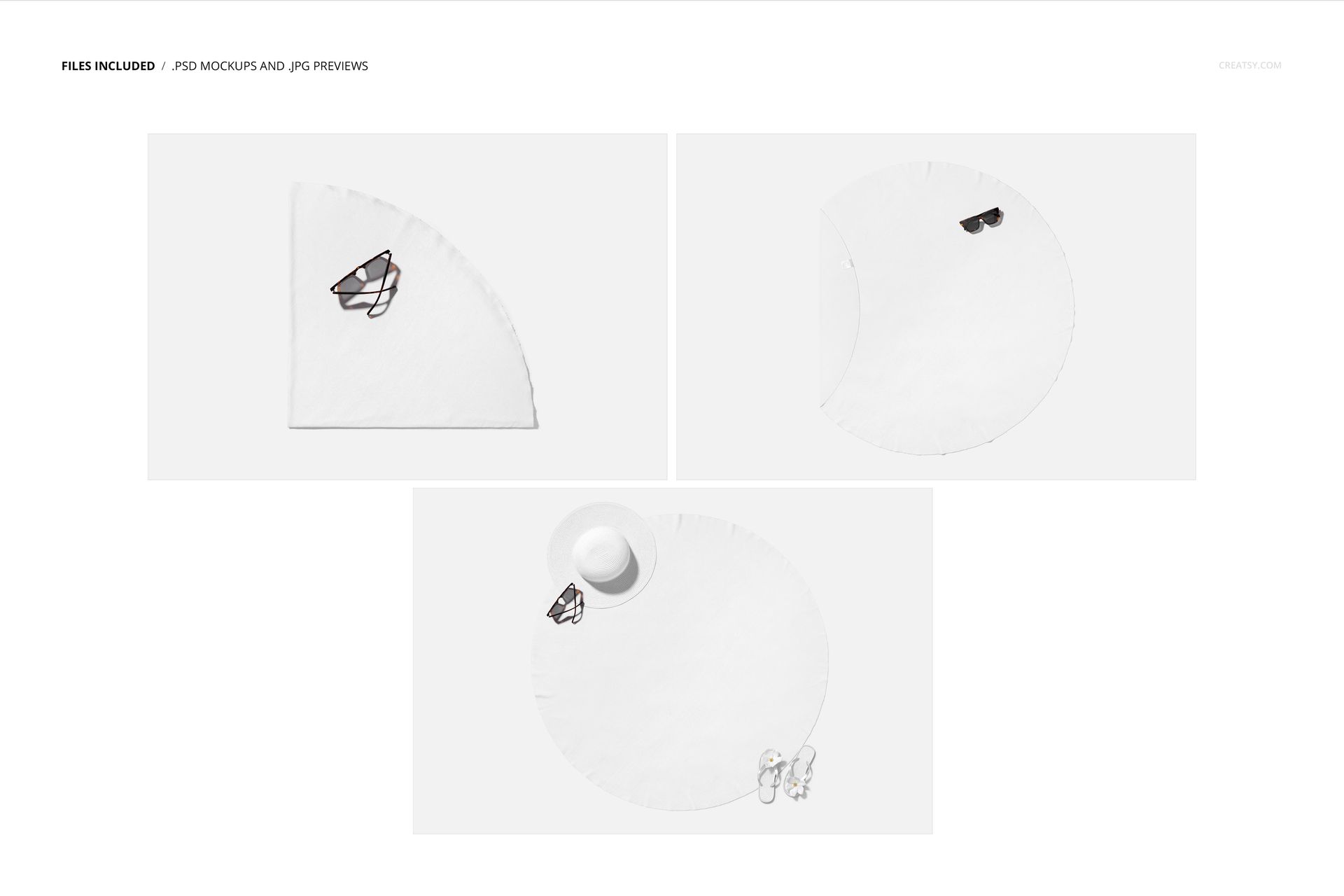 Round white microfiber beach towel mockup shown from top view, displayed with sunglasses and sandals on a plain background.