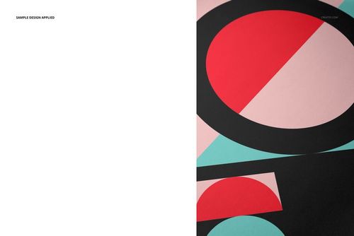A3 fine art print mockup featuring bold geometric shapes in red, black, pink, and teal, shown in close-up view.