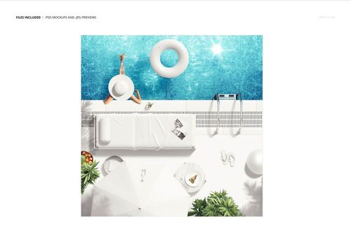 Top view of a poolside scene with a white towel mockup on a lounge chair, blue water, and summer props visible.