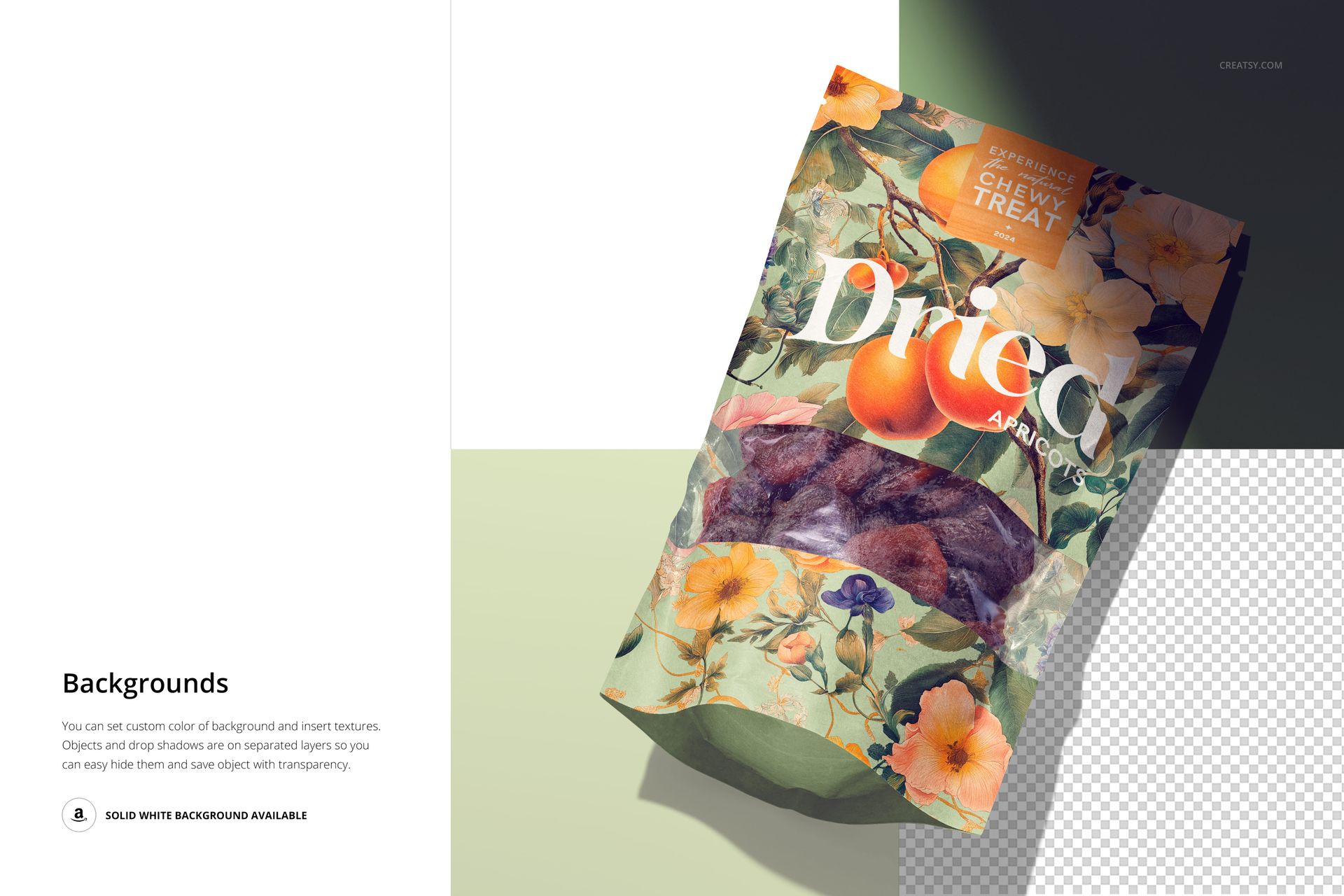 Front view of a paper pouch mockup for dried apricots with floral design, transparent window, and realistic shadows.