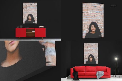 Canvas print mockup featuring a brick wall artwork in a modern room with black walls and red furniture, shown from multiple angles.
