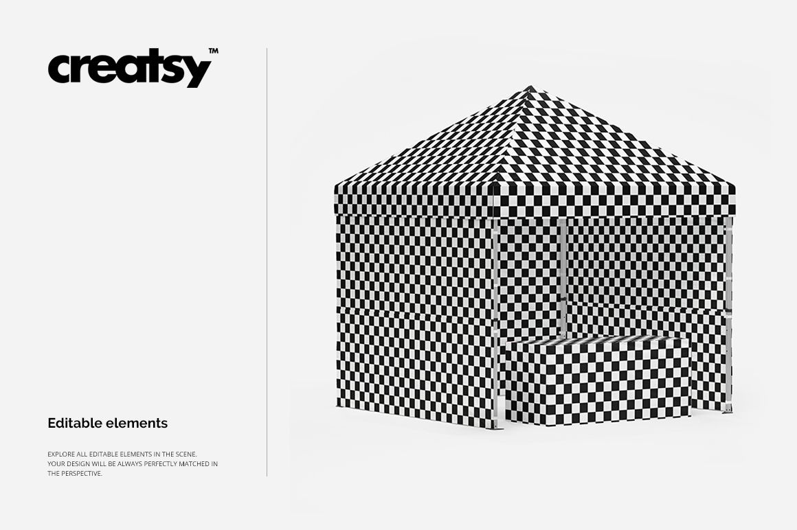 Black and white checkered pop-up tent mockup displayed at an angle, highlighting its geometric design and spacious canopy.