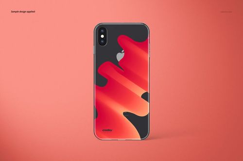Clear iPhone XS Max case mockup with abstract red and black pattern, shown from the back on a solid coral background.