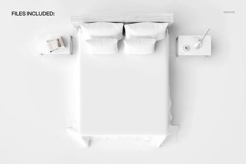 Top view of a plain bed coverlet mockup with two pillows, white bedding, and matching nightstands on each side.
