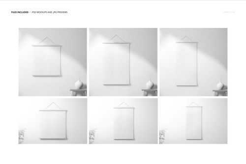 Set of six wooden poster hanger mockups showing blank posters in various sizes, front view, minimalist room setting.