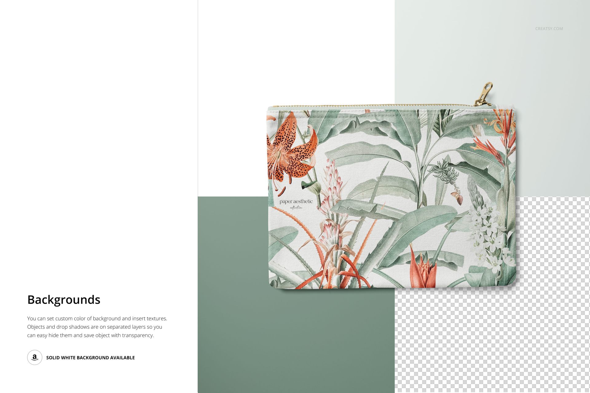 PSD mockup of a flat canvas pouch with a zipper, decorated with orange flowers and green foliage, on a two-tone backdrop.