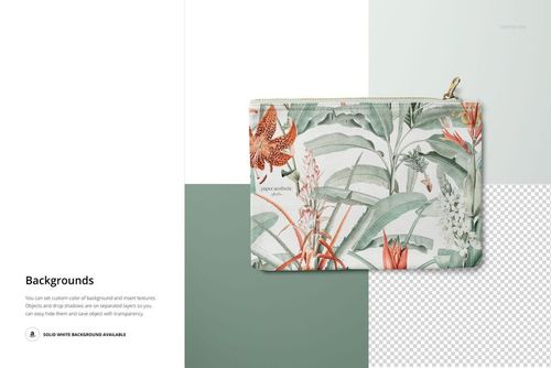 PSD mockup of a flat canvas pouch with a zipper, decorated with orange flowers and green foliage, on a two-tone backdrop.