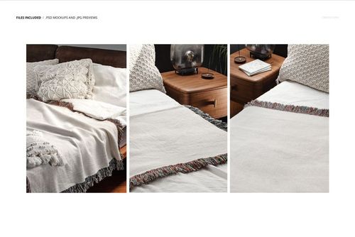 Three views of a jacquard fringed throw blanket mockup on a bed, highlighting the woven texture and soft tones.
