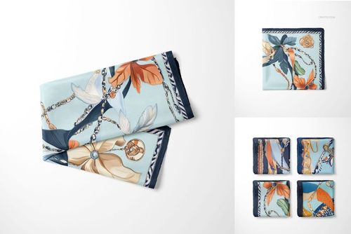 Silk scarf mockup featuring a floral and chain design in blue and orange tones, displayed from a top view.