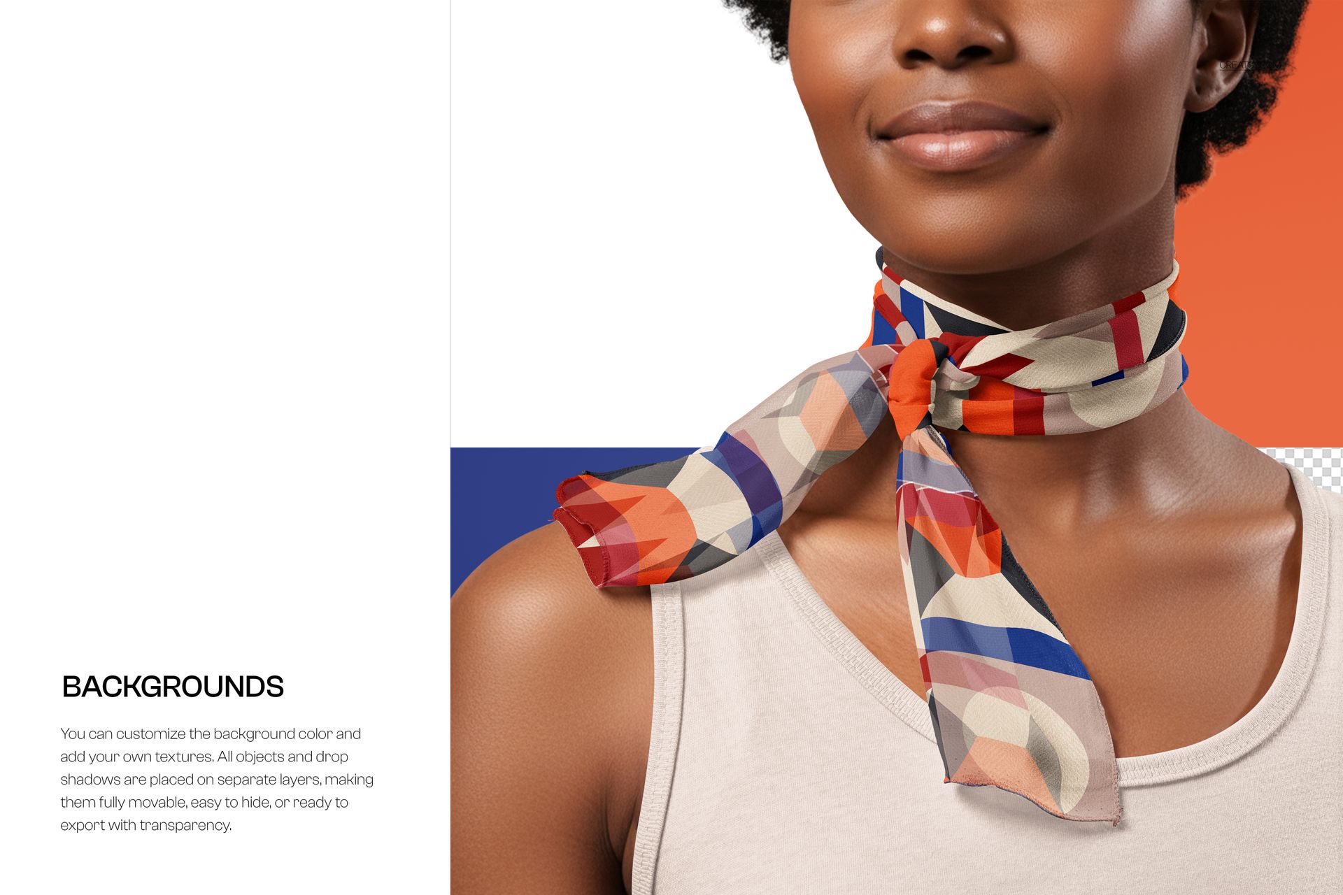 Chiffon silk scarf mockup featuring a geometric pattern in red, blue, beige, and orange, tied around a neck.