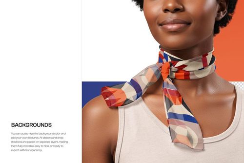 Chiffon silk scarf mockup featuring a geometric pattern in red, blue, beige, and orange, tied around a neck.