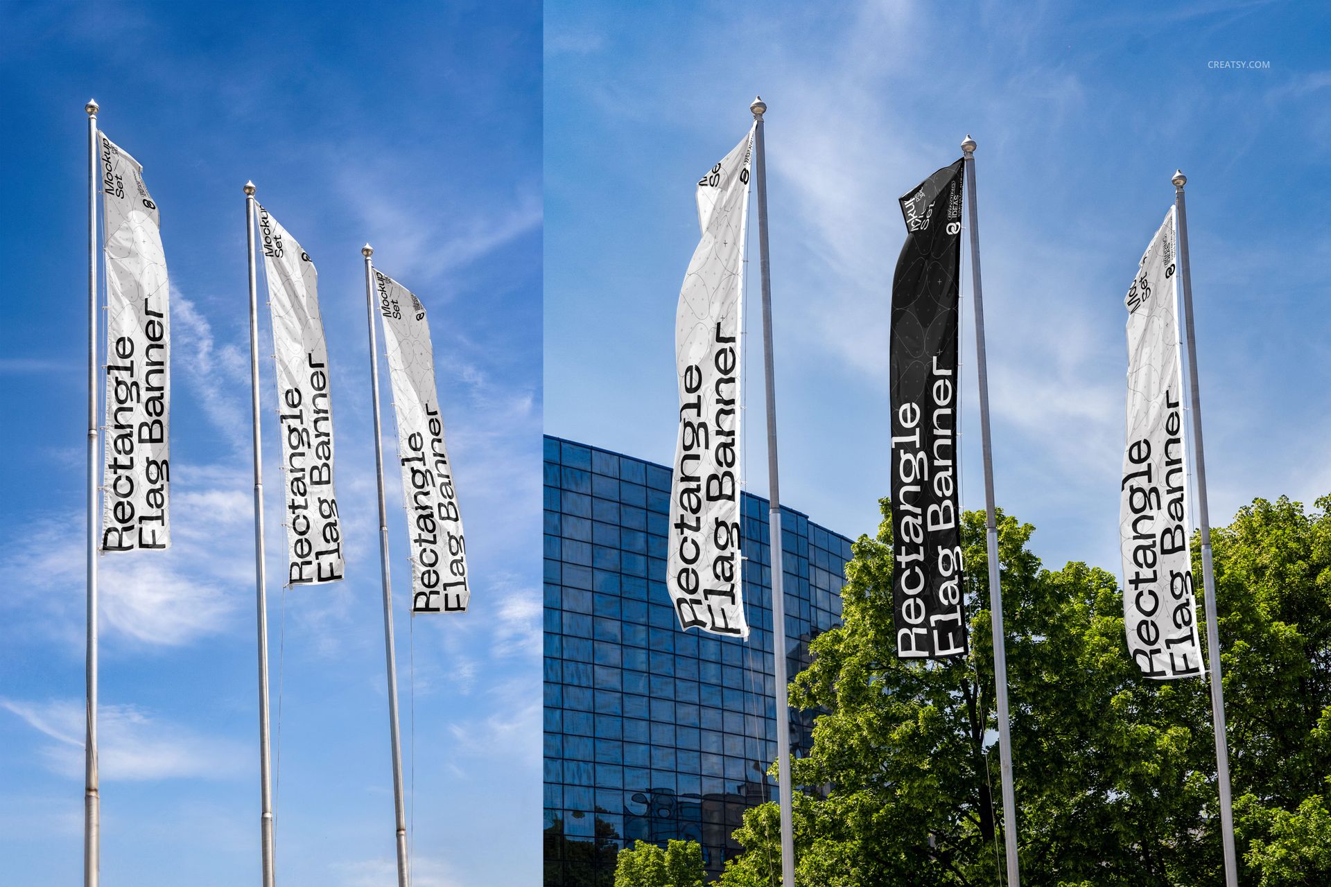 PSD mockup of rectangular flag banners in different colors, shown on flagpoles in front of a modern building and green trees.