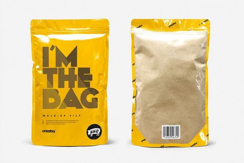 Yellow zip lock packaging bags shown in PSD mockup, featuring one labeled front and one transparent powder-filled back.